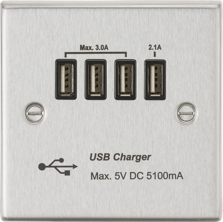 230V Quad USB-A Charger Outlet - Brushed Chrome with Black Insert