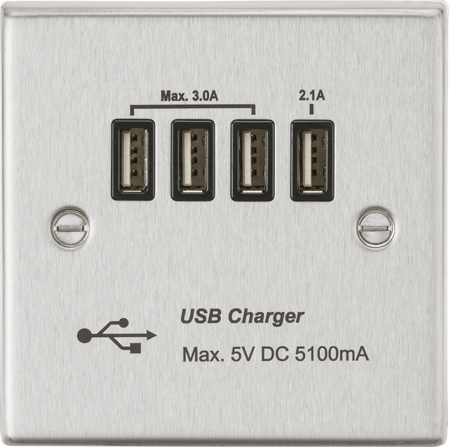 230V Quad USB-A Charger Outlet - Brushed Chrome with Black Insert