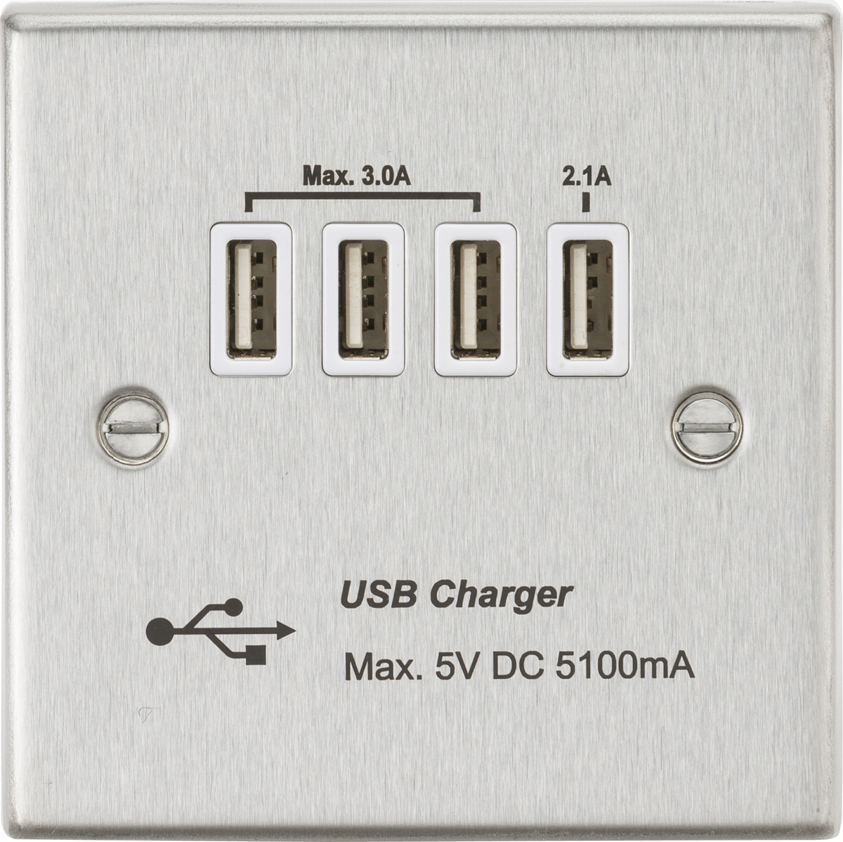 230V Quad USB Charger Outlet in Brushed Chrome with White Insert.