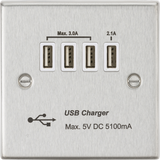 230V Quad USB Charger Outlet in Brushed Chrome with White Insert.