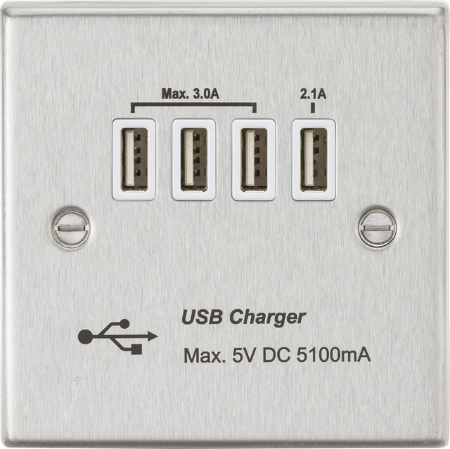 230V Quad USB Charger Outlet in Brushed Chrome with White Insert.
