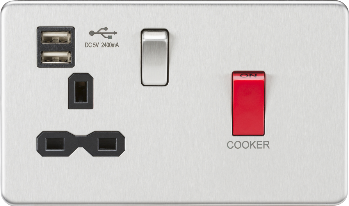 45A DP Switch & 13A Socket with Dual USB A+A in Brushed Chrome