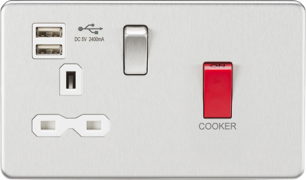 Brushed Chrome 45A DP Switch & 13A Switched Socket with Dual USB Charger