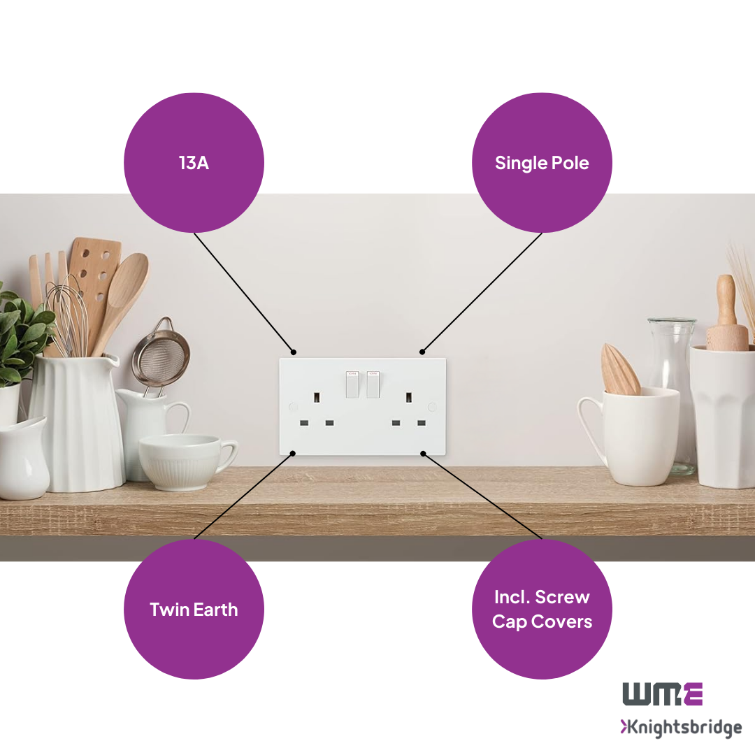 Knightsbridge: SN9000S, 13A 2G SP Switched Socket, IP20, Twin Earth, White, ASTA Approved