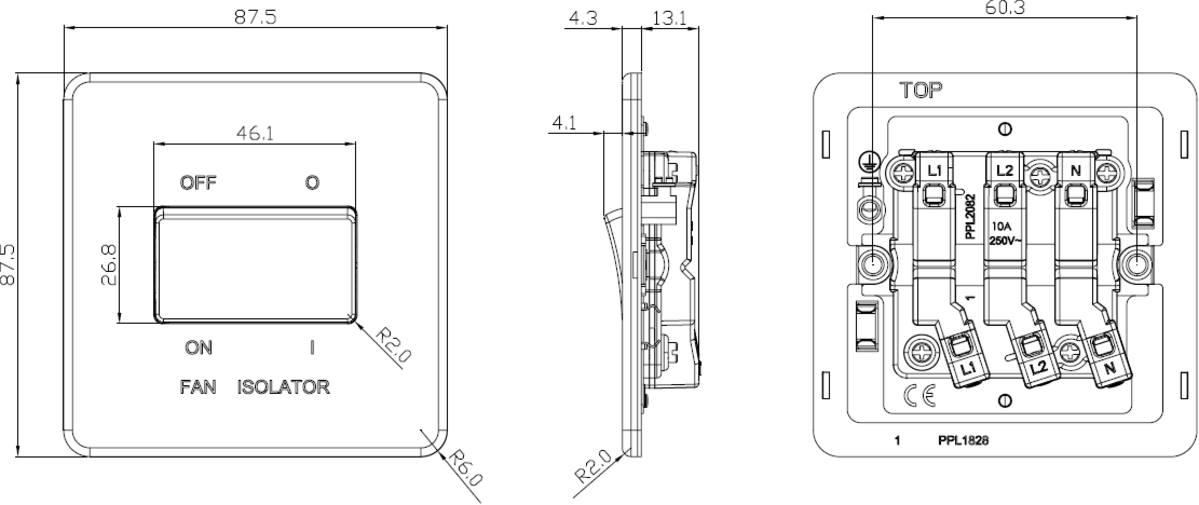10A Fan Isolator Switch - Anthracite - Side View