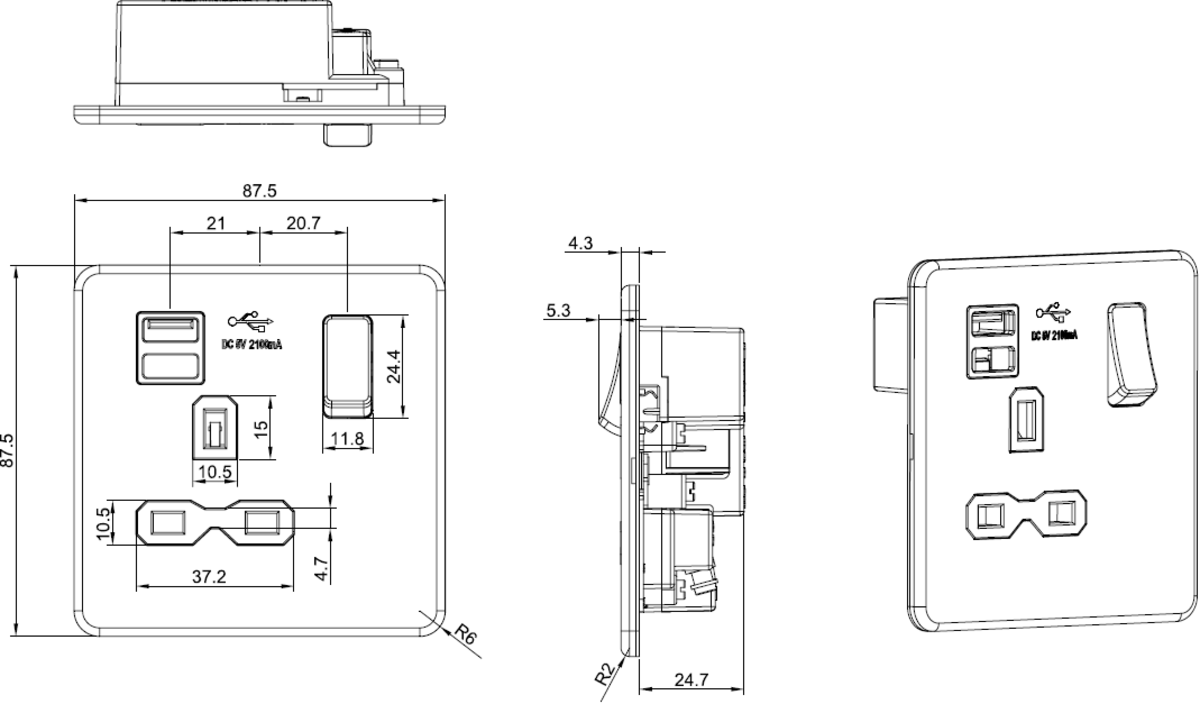 Alternative View of 13A Switched Socket with Dual USB - Anthracite