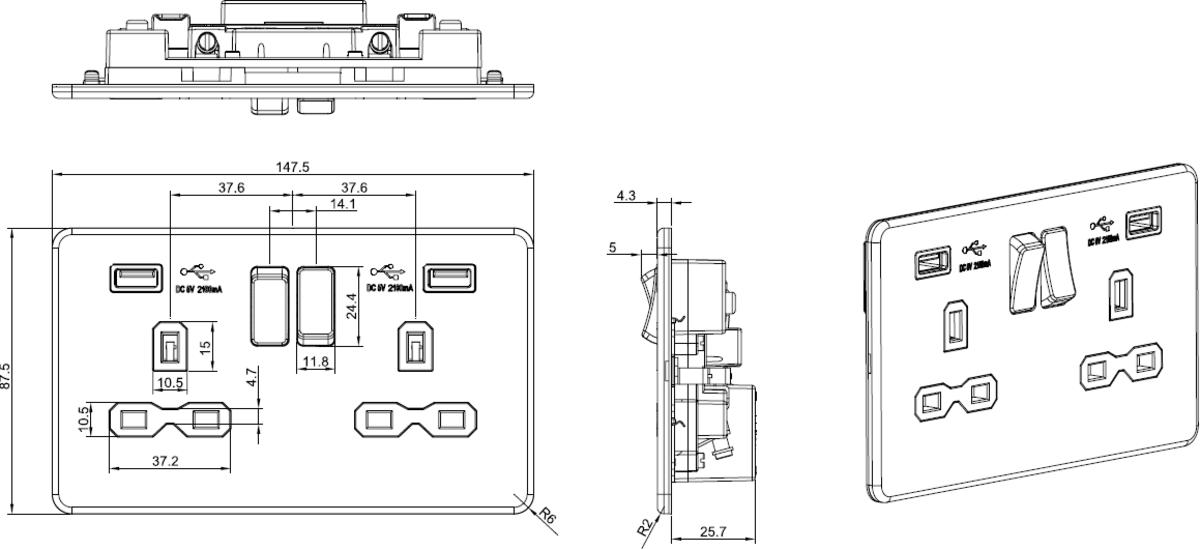 13A 2G SP Switched Socket with Dual USB A+A - Smoked Bronze - Secondary View