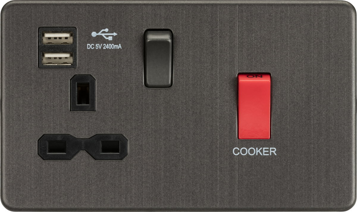 Screwless 45A DP Switch & 13A Switched Socket with Dual USB Charger - Smoked Bronze