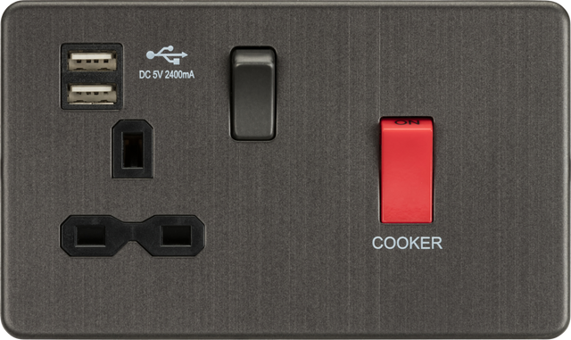 Screwless 45A DP Switch & 13A Switched Socket with Dual USB Charger - Smoked Bronze