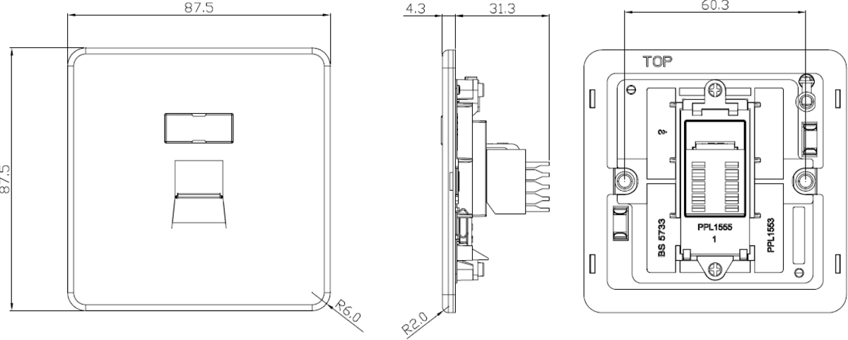 Alternative View of RJ45 Network Outlet - Matt Black