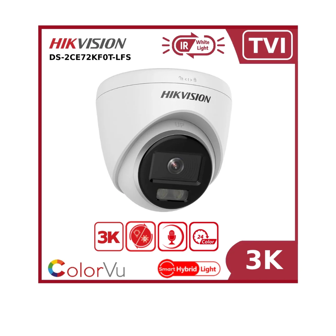 3K ColorVu Smart Hybrid Light Fixed Turret Camera, 2.8mm Lens, IP67, 40m IR, DS-2CE72KF0T-LFS