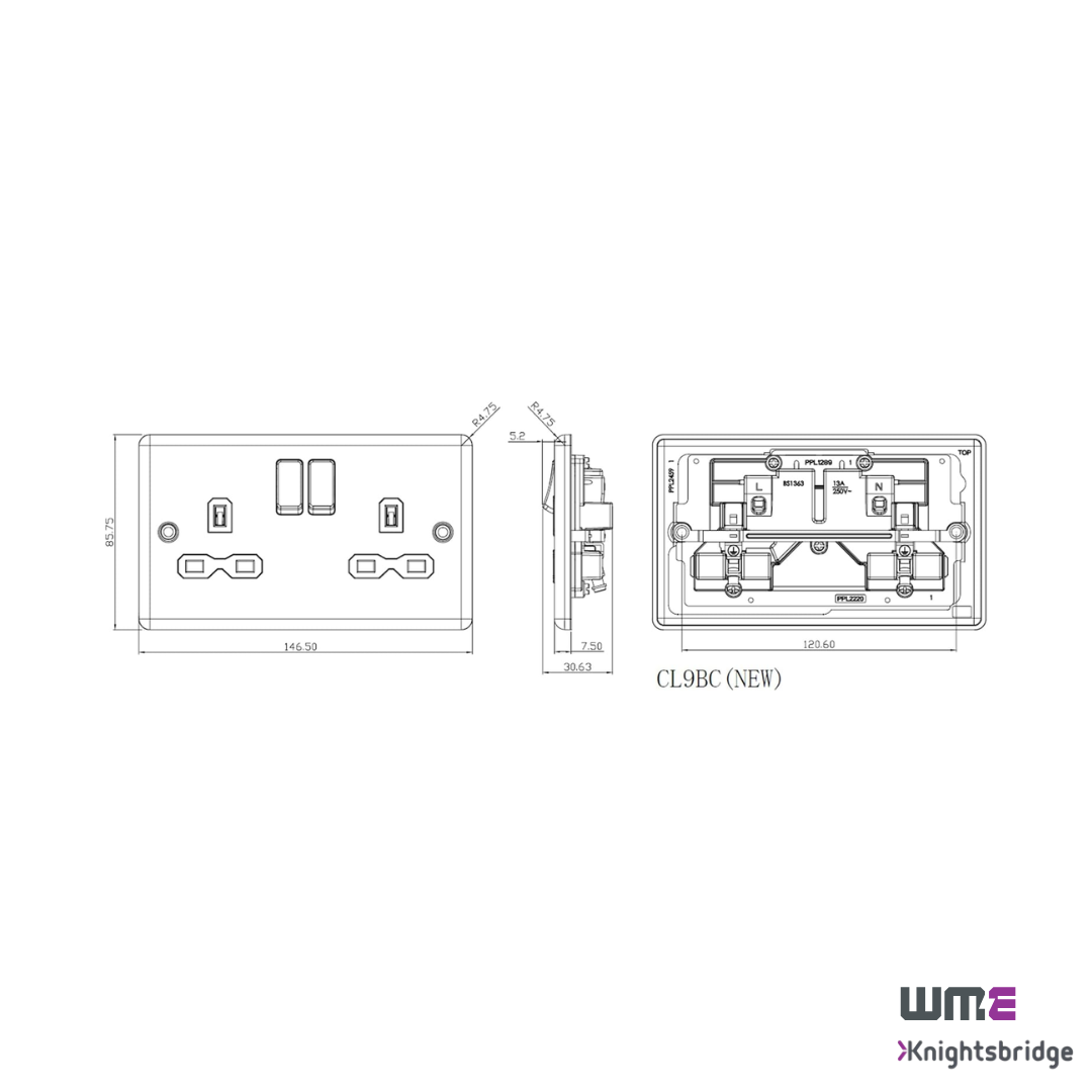 Knightsbridge: CL9BCG, 13A 2G DP Switched Socket, Brushed Chrome Finish, Grey Insert, Double Pole, BS 1363:2 Compliant