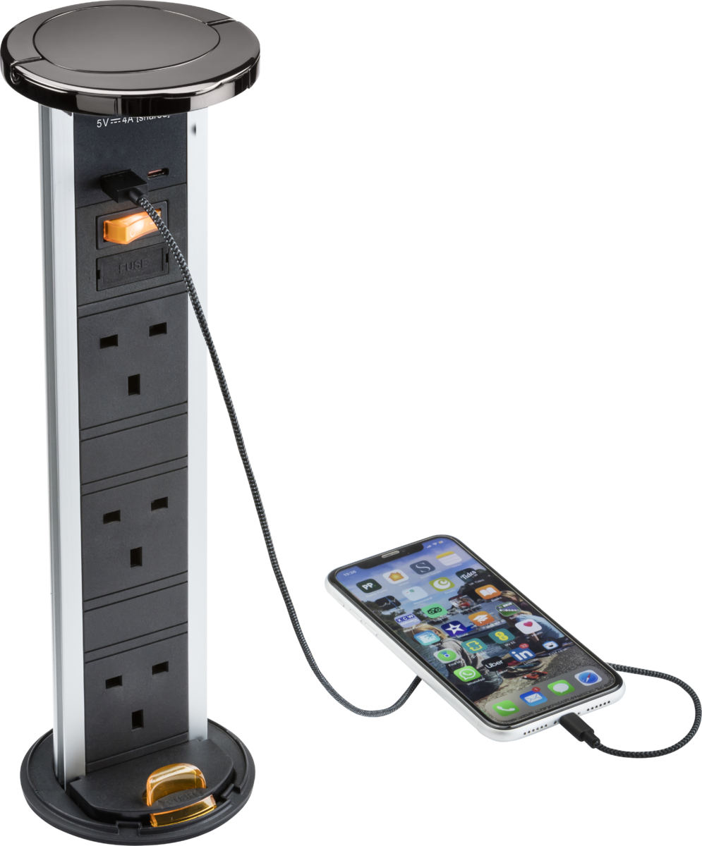 Knightsbridge IP54 3G Pop-Up Socket with Dual USB Charger A+C, Black Nickel