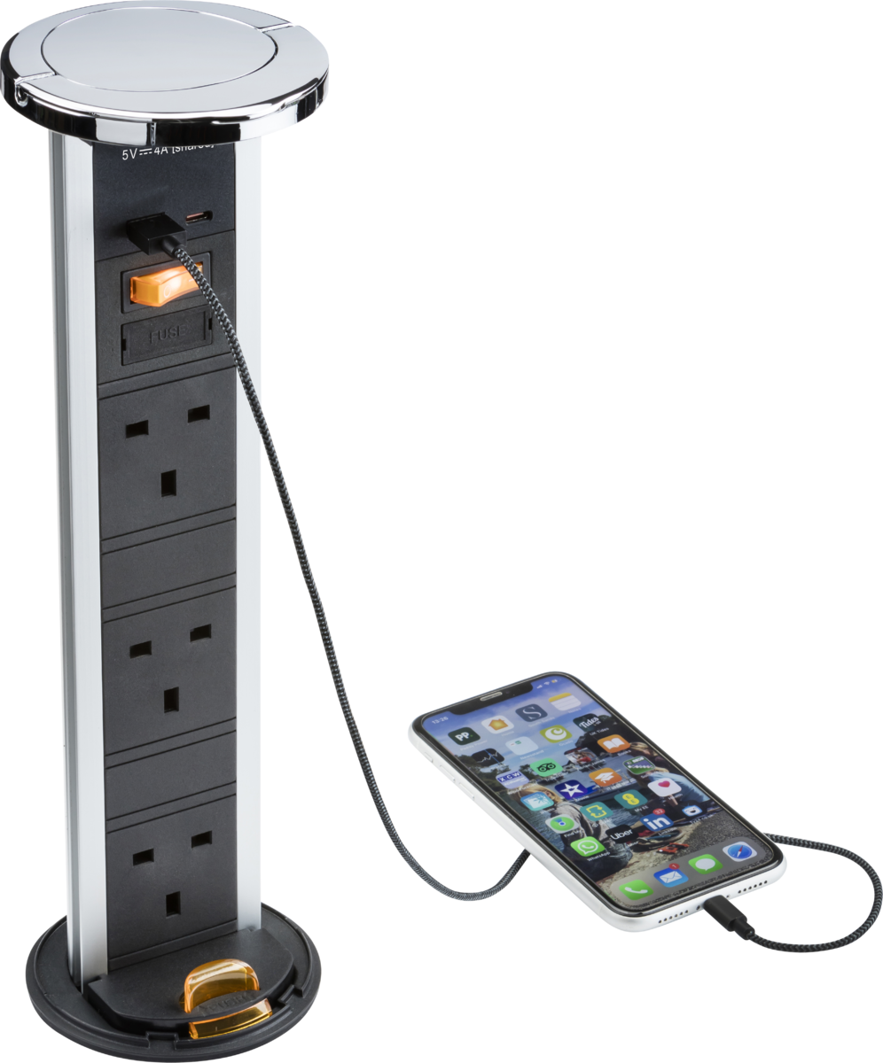 Knightsbridge IP54 3G Pop-Up Socket with Dual USB Charger A+C - Polished Chrome