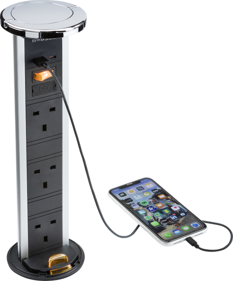Knightsbridge IP54 3G Pop-Up Socket with Dual USB Charger A+C - Polished Chrome