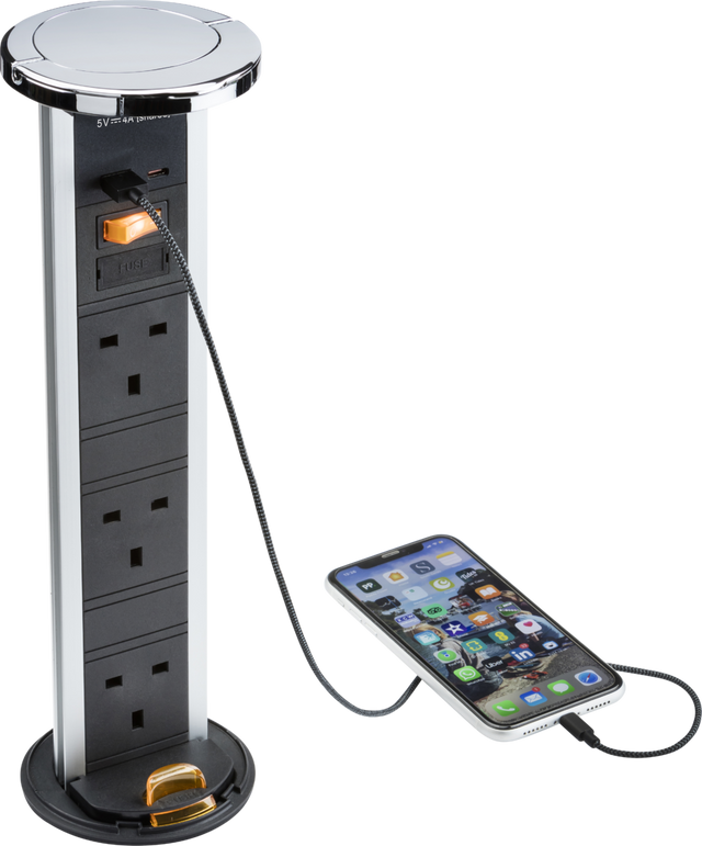 Knightsbridge IP54 3G Pop-Up Socket with Dual USB Charger A+C - Polished Chrome