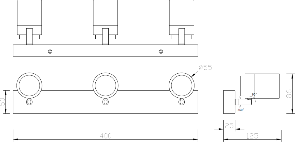Close-up of the Triple Bar Spotlight - Chrome Finish, IP44 Rated