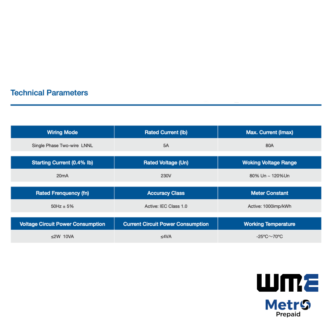 MET004 Metro Digital Prepaid Electricity Meter, Single Phase, 80A, Remote Keypad, IP54,