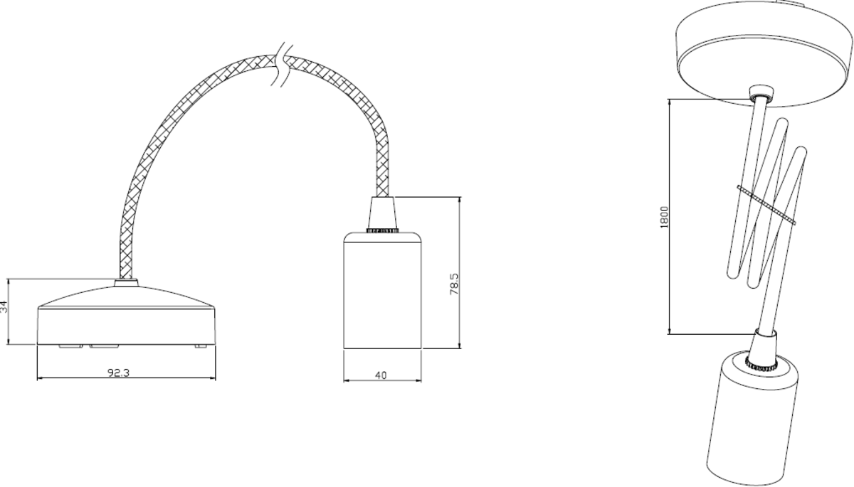1.8m E27 Contemporary Pendant Set - Matt Black Full View