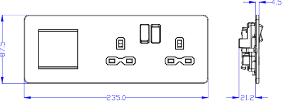 Alternative view of 13A 2G DP Socket + 2G Modular Combination Plate