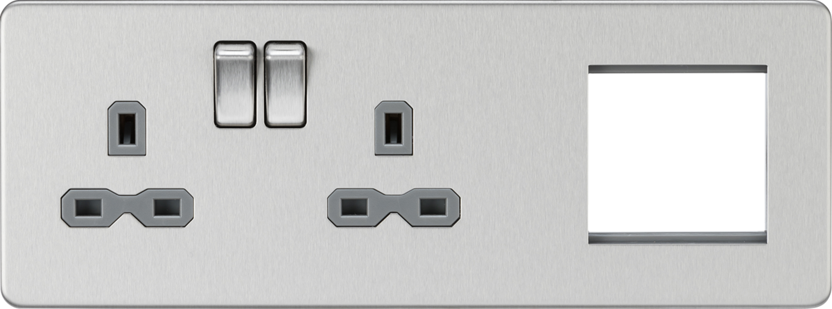 13A 2G DP Socket with 2G Modular Combination Plate - Brushed Chrome