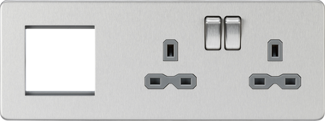 13A 2G DP Socket + 2G Modular Combination Plate - Brushed Chrome with Grey Insert