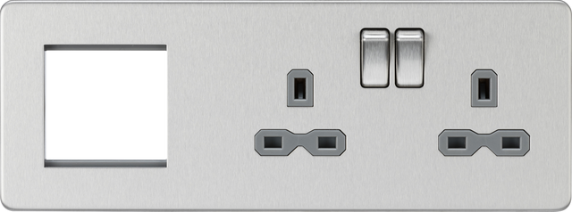 13A 2G DP Socket + 2G Modular Combination Plate - Brushed Chrome with Grey Insert