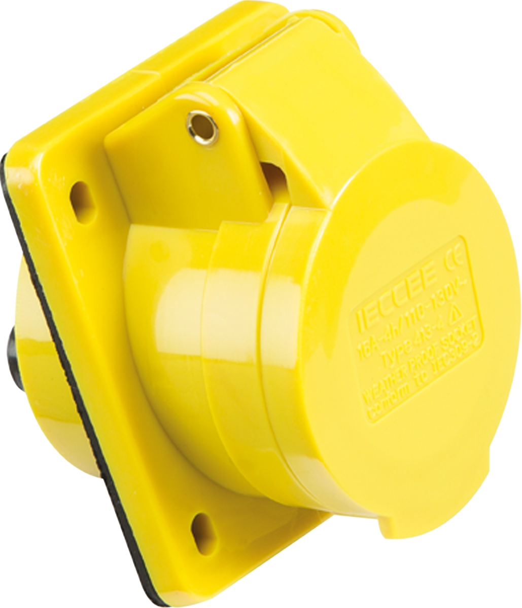 110V IP44 16A Angled Panel Mount Socket 2P+E - Yellow