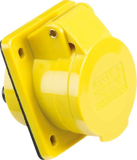 110V IP44 16A Angled Panel Mount Socket 2P+E - Yellow
