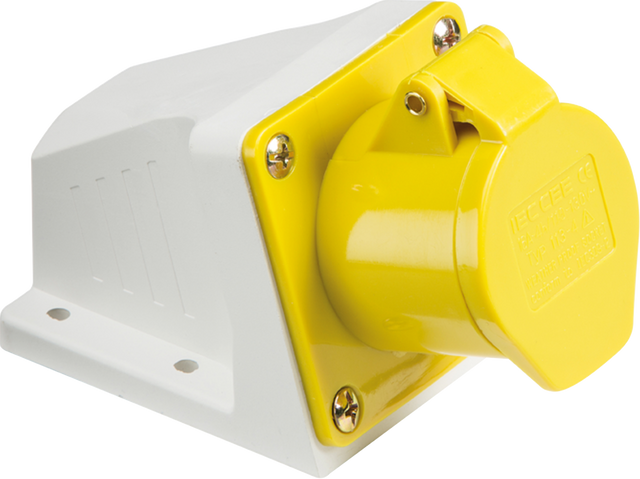 110V IP44 16A Angled Surface Mount Socket 2P+E - Yellow & White