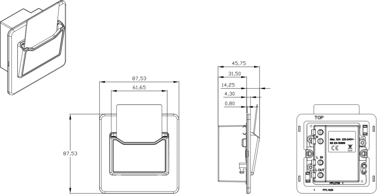 32A 1G Key Card Switch - Anthracite Side View