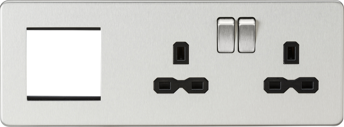 13A 2G DP Socket + 2G Modular Combination Plate - Brushed Chrome with Black Insert