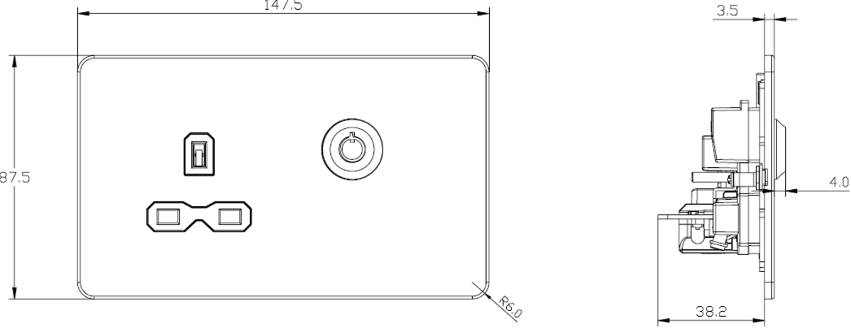 Side view of 13A DP Key Lockable Socket in Anthracite