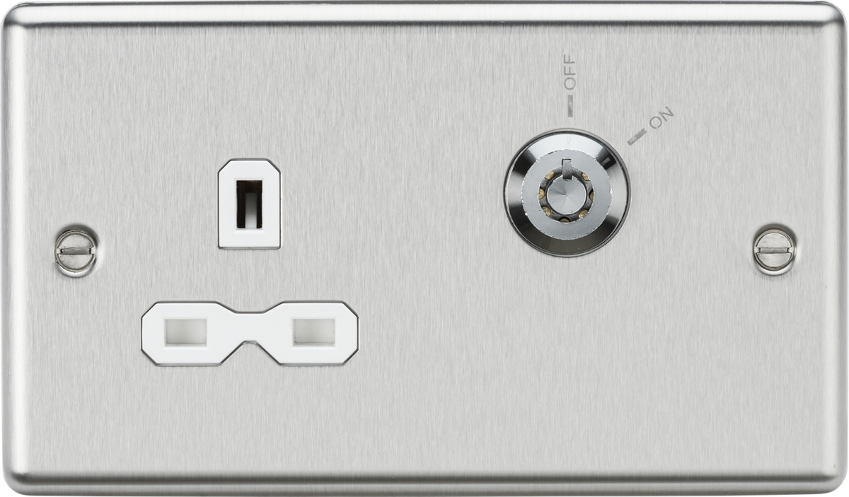 13A DP Key Lockable Socket - Brushed Chrome with White Insert
