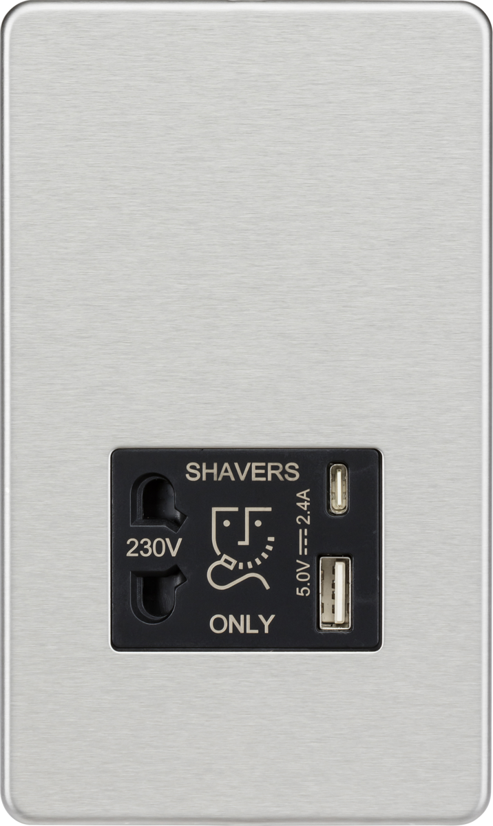 230V Shaver Socket with Dual USB A+C in Brushed Chrome