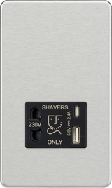 230V Shaver Socket with Dual USB A+C in Brushed Chrome