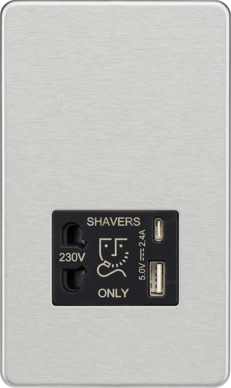 230V Shaver Socket with Dual USB A+C in Brushed Chrome