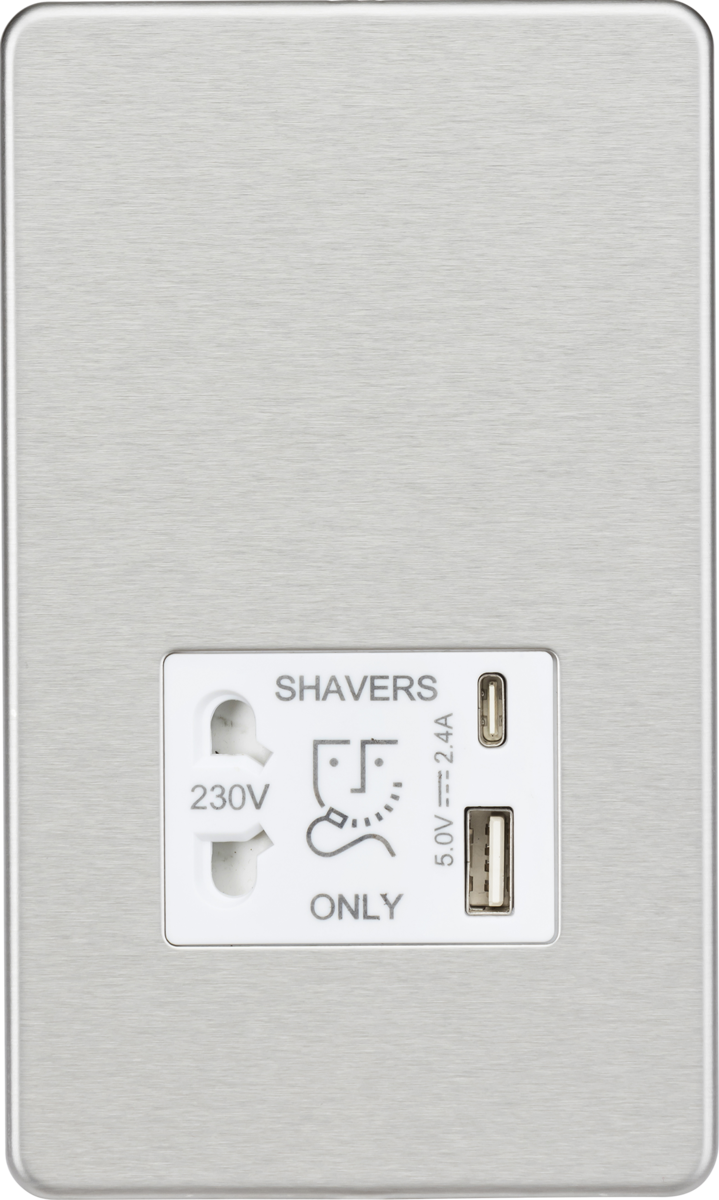230V Shaver Socket with Dual USB A+C - Brushed Chrome