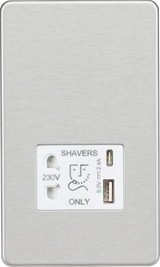 230V Shaver Socket with Dual USB A+C - Brushed Chrome