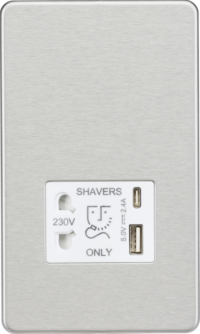 230V Shaver Socket with Dual USB A+C - Brushed Chrome