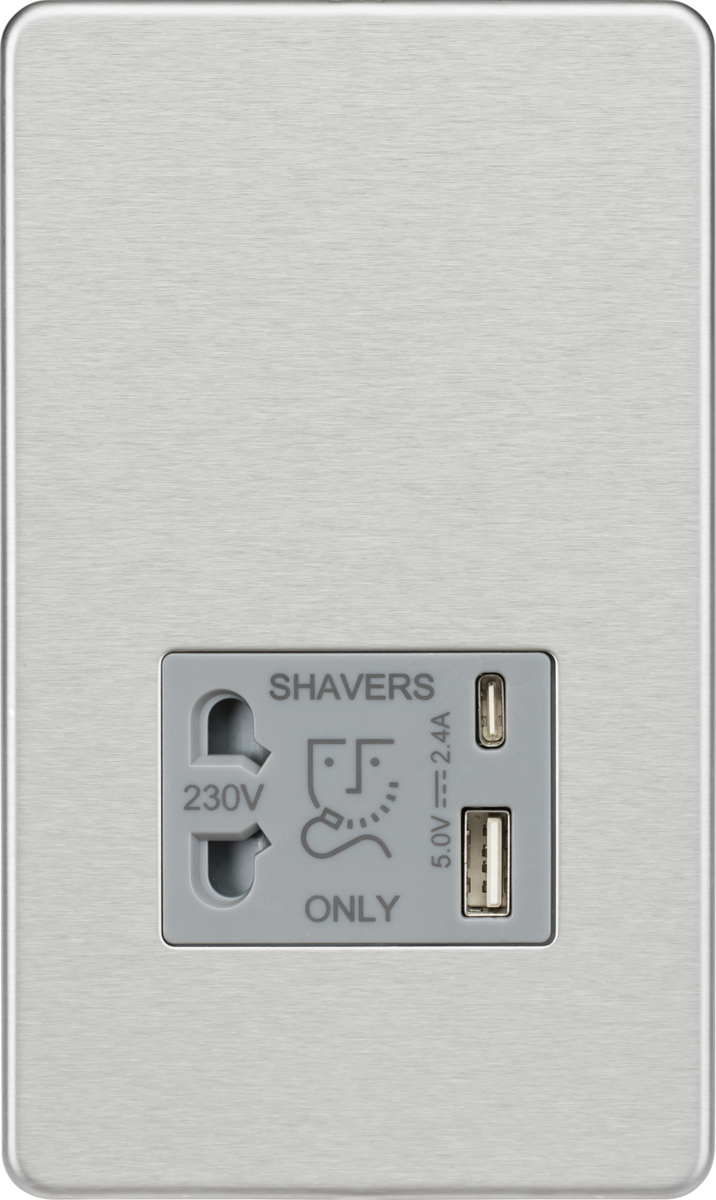 230V Shaver Socket with Dual USB A+C - Brushed Chrome with Grey Insert