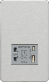 230V Shaver Socket with Dual USB A+C - Brushed Chrome with Grey Insert