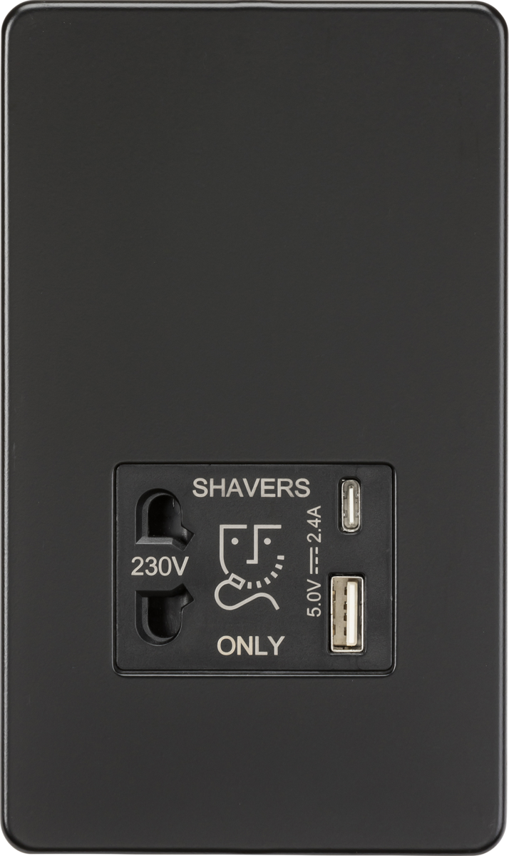 230V Shaver Socket with Dual USB A+C in Matt Black