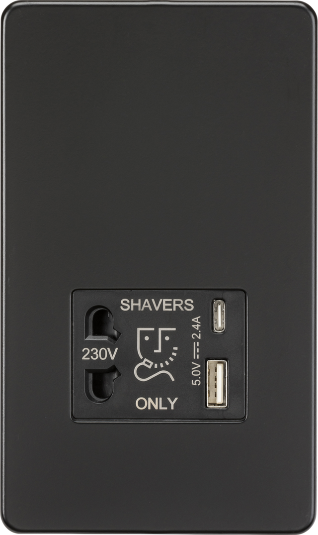 230V Shaver Socket with Dual USB A+C in Matt Black