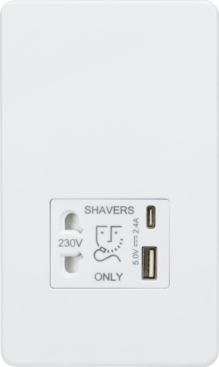 Knightsbridge 230V Shaver Socket with Dual USB A+C - Matt White