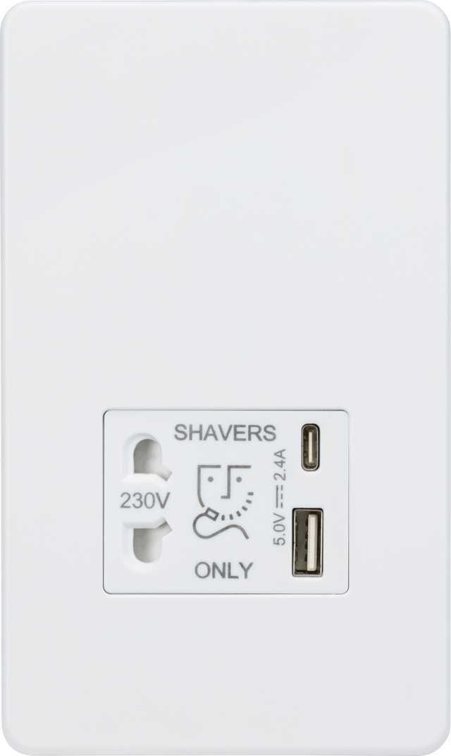 Knightsbridge 230V Shaver Socket with Dual USB A+C - Matt White