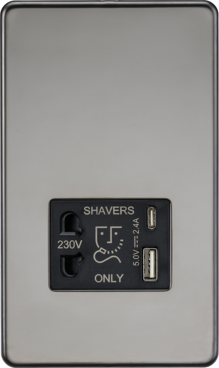 230V Shaver Socket with Dual USB A+C - Black Nickel