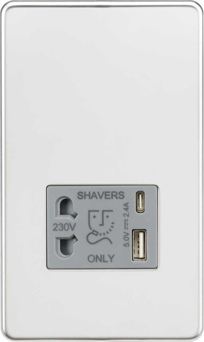 Polished Chrome 230V Shaver Socket with Dual USB A+C