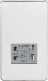 Polished Chrome 230V Shaver Socket with Dual USB A+C