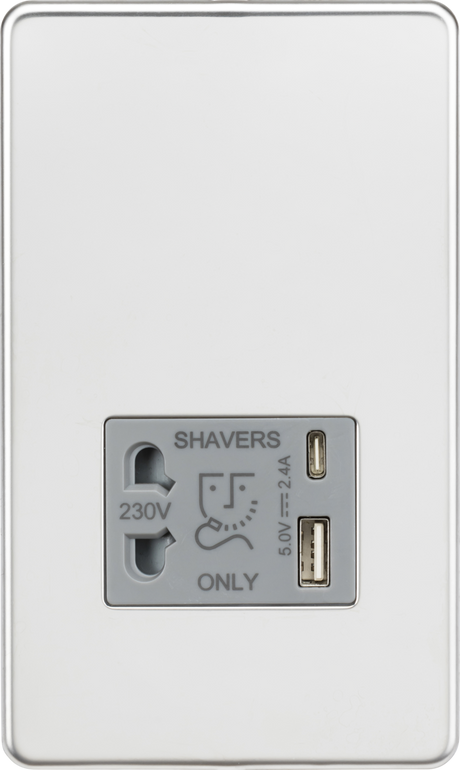 Polished Chrome 230V Shaver Socket with Dual USB A+C